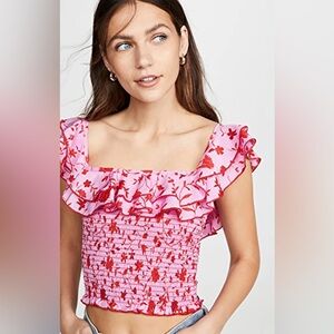 LIKELY Athena Pink and Red Floral Ruffle Smocked Top / Blouse